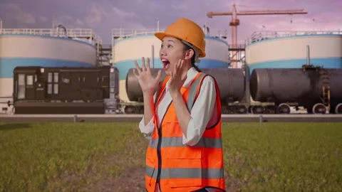 Female Engineer Smiling And Saying Wow at Oil Refinery Stock Footage 340143388