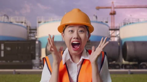 Female Engineer Smiling And Saying Wow at Oil Refinery Stock Footage 340143600