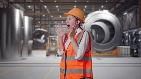 Female Engineer Smiling And Saying Wow at Heavy Factory Stock Footage 340823978