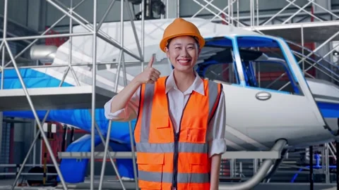 Female Engineer Smiling And Showing Thumbs Up Gesture and Inspecting Helicopter Stock Footage 312127000