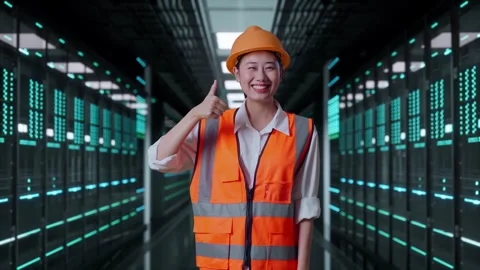 Female Engineer Smiling And Showing Thumbs Up Gesture in Data Center Stock Footage 321993589