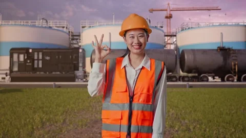 Female Engineer Smiling And Showing Okay Gesture at Oil Refinery Stock Footage 340142943