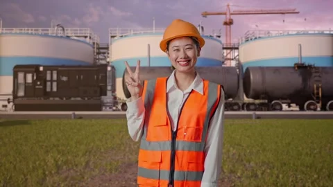 Female Engineer Smiling And Showing Peace Gesture at Oil Refinery Stock Footage 340143112