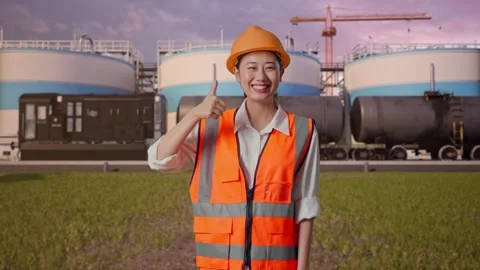 Female Engineer Smiling And Showing Thumbs Up Gesture at Oil Refinery Stock Footage 340143124