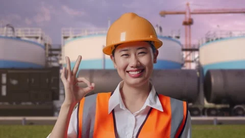 Female Engineer Smiling And Showing Okay Gesture at Oil Refinery Stock Footage 340143577