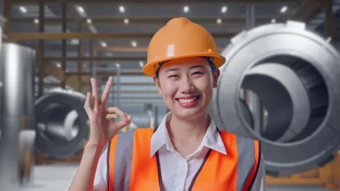 Female Engineer Smiling And Showing Okay Gesture at Heavy Factory Stock Footage 340824694