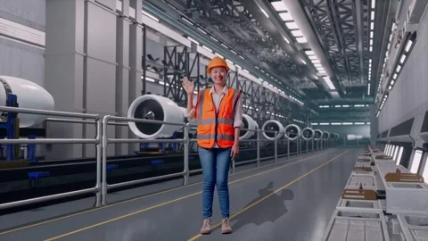 Female Engineer Smiling And Waving Hand Saying Bye, Aircraft Engine Factory Stock Footage 314609091