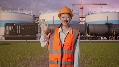 Female Engineer Smiling And Waving Hand Saying Bye at Oil Refinery Stock Footage 340142979