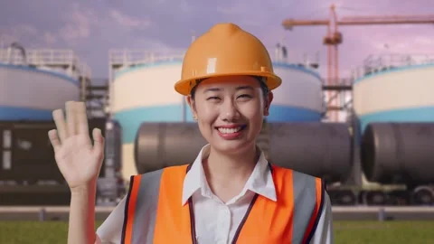 Female Engineer Smiling And Waving Hand Saying Bye at Oil Refinery Stock Footage 340143610
