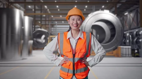 Female Engineer Smiling With Arms Akimbo at Heavy Factory Stock Footage 340822295