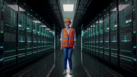Female Engineer Smiling in Data Center Video stock 321994891