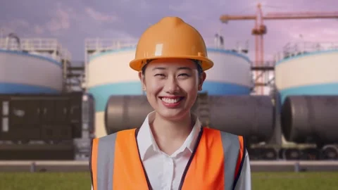 Female Engineer Smiling at Oil Refinery Stock Footage 340143539