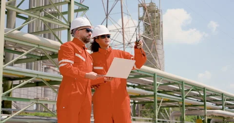 Female engineer speaks by walkietalkie while male supervisor reviews laptop Stock Footage 339650413