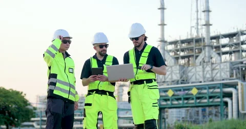 Female engineer speaks on walkietalkie while male technician reviews tablet and Stock Footage 341476822