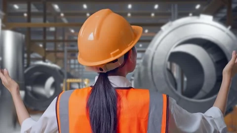 A Female Engineer Spreading Arms at Heavy Factory 動画素材 340825515