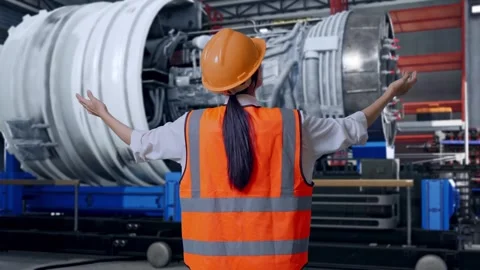 A Female Engineer Spreading Arms With Jet Engine Stock Footage 306604043