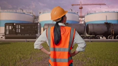 A Female Engineer Standing With Arms Akimbo at Oil Refinery Stock Footage 340143476