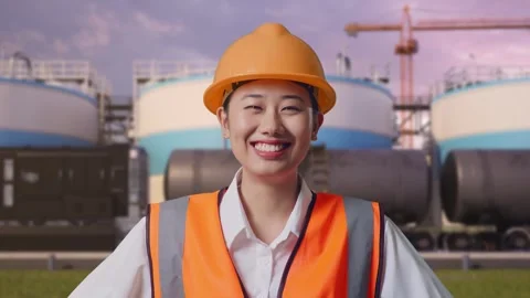Female Engineer Standing With Arms Akimbo at Oil Refinery Stock Footage 340143552