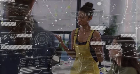 Female engineer stepping forward in tech workspace, starting digital data Stock Footage 328146091