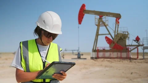 Female engineer in sunglasses writing on tablet at oilfield Stock Footage 317253323