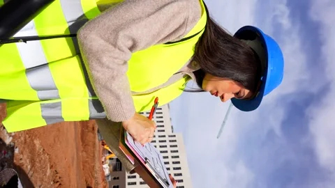Female engineer supervising construction work progress. Vertical Stock Footage 334577876