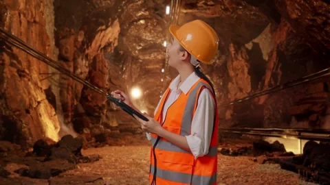 Female Engineer Taking Note On The Tablet In Mine Tunnel Stock Footage 299574778