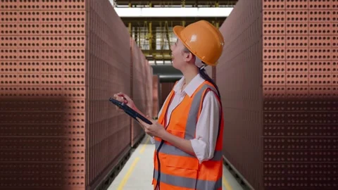 Female Engineer Taking Note On The Tablet With Brick In Stacks Stock Footage 303762045