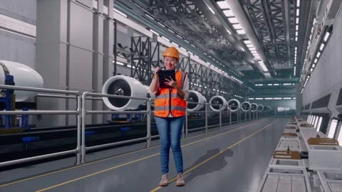 Female Engineer Taking Note On The Tablet, Aircraft Engine Factory Video stock 314609198
