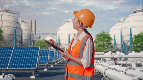 Female Engineer Taking Note On The Tablet at Energy Complex Stock Footage 330177288