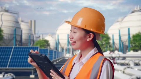 Female Engineer Taking Note On The Tablet at Energy Complex Stock Footage 330178542
