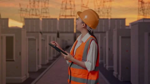 Female Engineer Taking Note On The Tablet with High Voltage Power 스톡 동영상 331285643