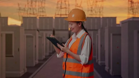 Female Engineer Taking Note On The Tablet with High Voltage Power 스톡 동영상 331285647