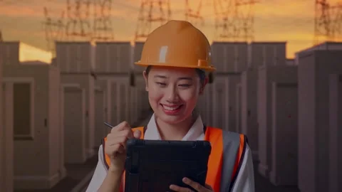 Female Engineer Taking Note On The Tablet with High Voltage Power 스톡 동영상 331286084