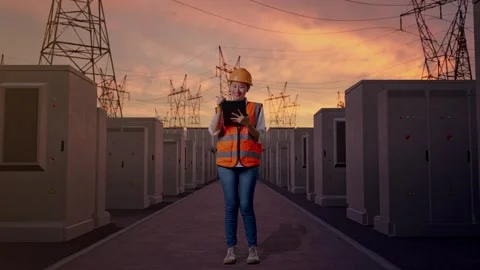 Female Engineer Taking Note On The Tablet with High Voltage Power 스톡 동영상 331286858