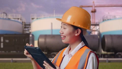 Female Engineer Taking Note On The Tablet at Oil Refinery Stock Footage 340144158