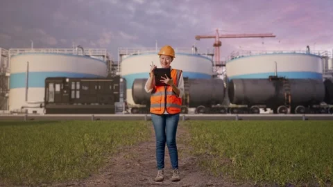 Female Engineer Taking Note On The Tablet at Oil Refinery Stock Footage 340144657
