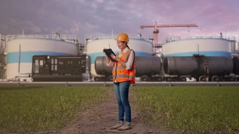 Female Engineer Taking Note On The Tablet at Oil Refinery Stock Footage 340144948