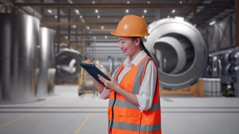 Female Engineer Taking Note On The Tablet at Heavy Factory 動画素材 340824228