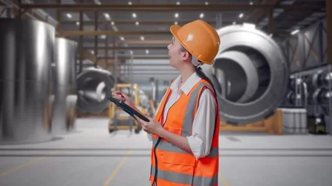 Female Engineer Taking Note On The Tablet at Heavy Factory Stock Footage 340824274