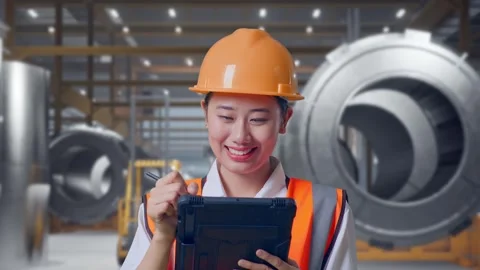 Female Engineer Taking Note On The Tablet at Heavy Factory Stock Footage 340825043