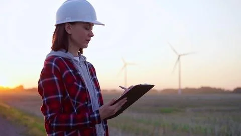 Female engineer taking notes on a clipboard on a field with wind turbines, as Stock-Fotos