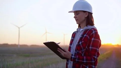 Female engineer taking notes on a clipboard on a field with wind turbines, as Stock-Fotos