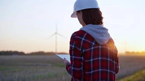 Female engineer taking notes with a tablet computer on a field with wind Foto stock