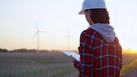 Female engineer taking notes with a tablet computer on a field with wind Foto stock