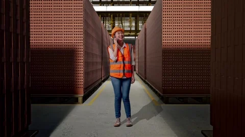 Female Engineer Talking On Smartphone With Brick In Stacks Stock Footage 303763318