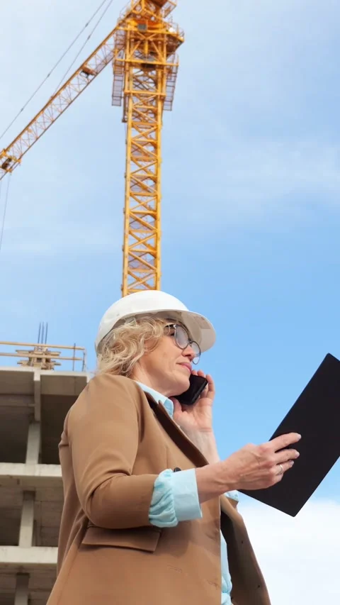 Female engineer talking on smartphone at construction site Stock-Footage 341433365