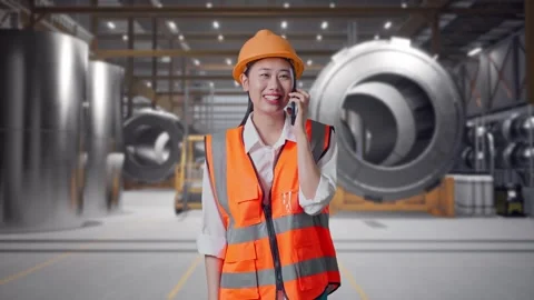 Female Engineer Talking On Smartphone at Heavy Factory Stock Footage 340823540
