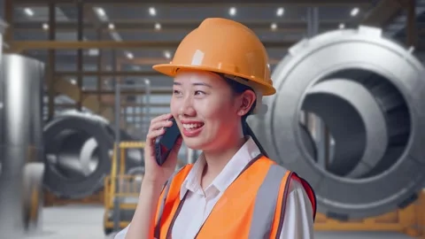 Female Engineer Talking On Smartphone at Heavy Factory Stock Footage 340825369
