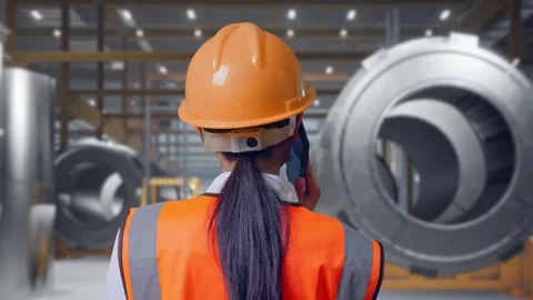 Female Engineer Talking On Smartphone at Heavy Factory Stock Footage 340825577