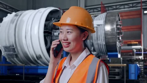 Female Engineer Talking On Smartphone With Jet Engine Stock Footage 306605435